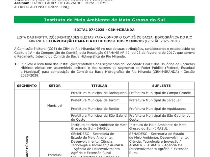 Seguimos representando a Sociedade Civil no Cômite da Bacia Hidrográfica do Rio Miranda